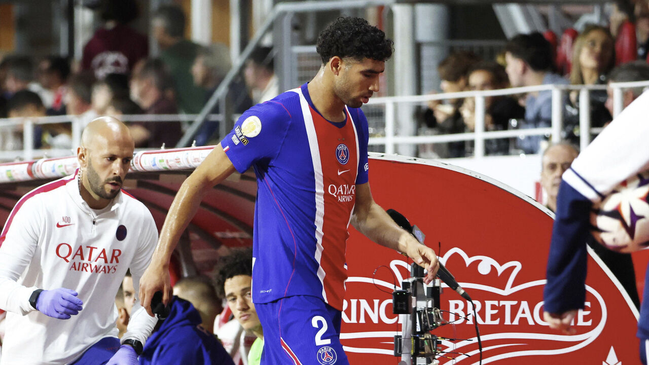 BREST, FRANCE - SEPTEMBER 13: Achraf Hakimi #2 of Paris Saint-Germain reacts after his injury during the Ligue 1 McDonald's 2026/27 match between Stade Brestois 29 and Paris Saint-Germain at Stade Francis Le Ble on September 13, 2026 in Brest, France.