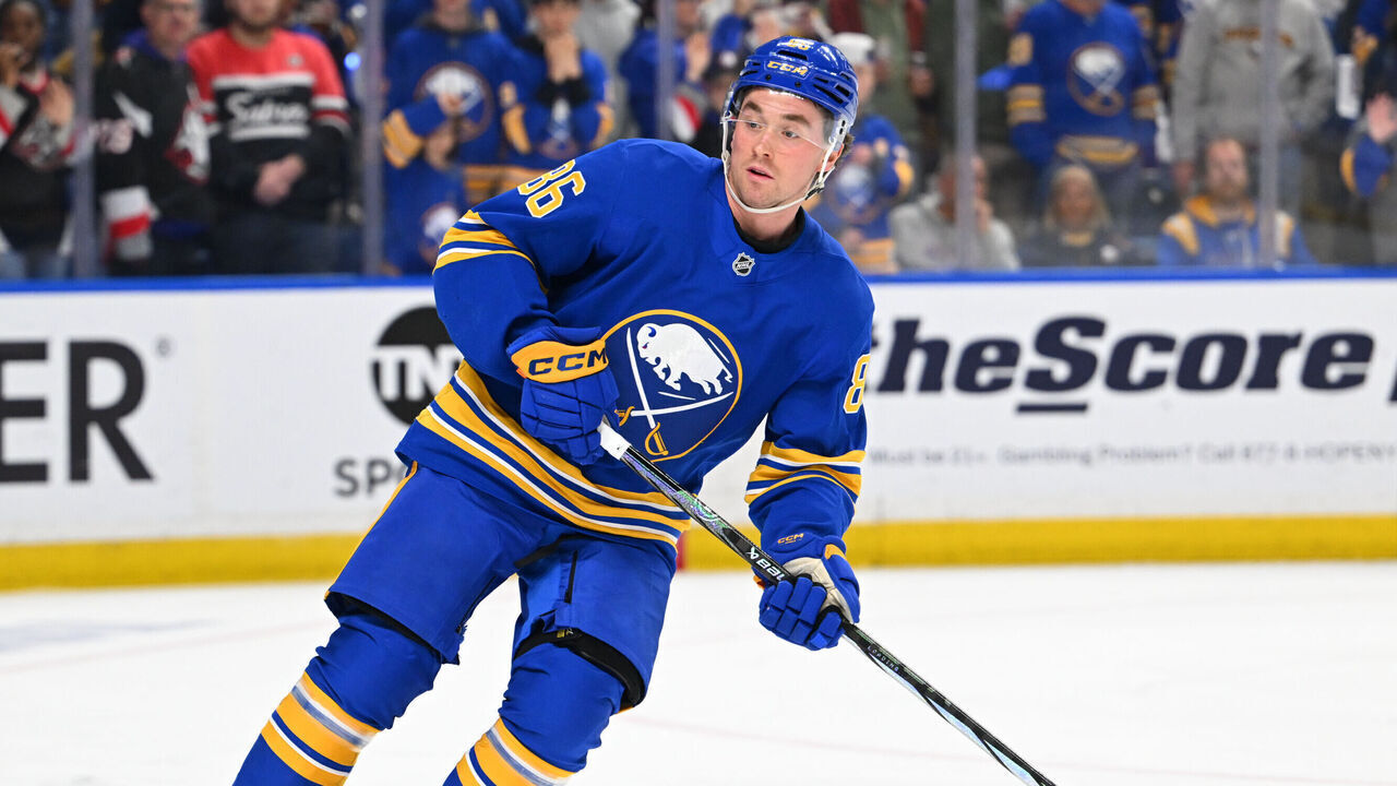 BUFFALO, NEW YORK - APRIL 28: Noah Ostlund #86 of the Buffalo Sabres warms up prior to Game Five of the First Round of the 2026 Stanley Cup Playoffs against the Boston Bruins at KeyBank Center on April 28, 2026 in Buffalo, New York.