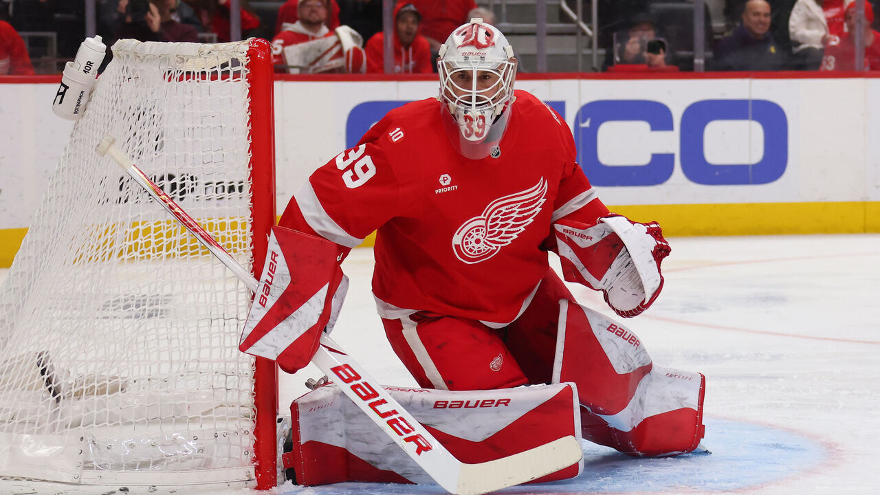 DETROIT, MICHIGAN - APRIL 09: Cam Talbot #39 of the Detroit Red Wings plays against the Philadelphia Flyers at Little Caesars Arena on April 09, 2026 in Detroit, Michigan.
