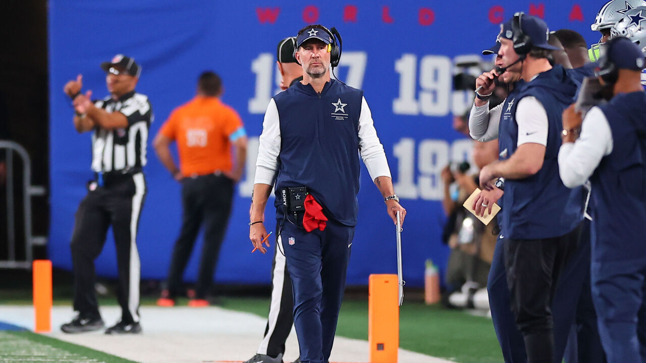 EAST RUTHERFORD, NJ - SEPTEMBER 13: Brian Schottenheimer head coach of the Dallas Cowboys during the game against the New York Giants on September 13, 2026 at MetLife Stadium in East Rutherford, New Jersey.