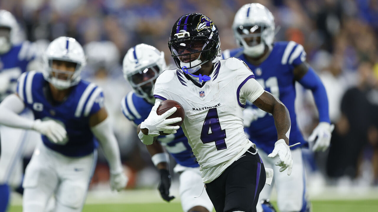 INDIANAPOLIS, IN - SEPTEMBER 13: Baltimore Ravens wide receiver Zay Flowers (4) runs up field after the catch in the first half of play during a NFL game between the Baltimore Ravens and the Indianapolis Colts on September 13, 2026 at Lucas Oil Stadium in Indianapolis, IN.