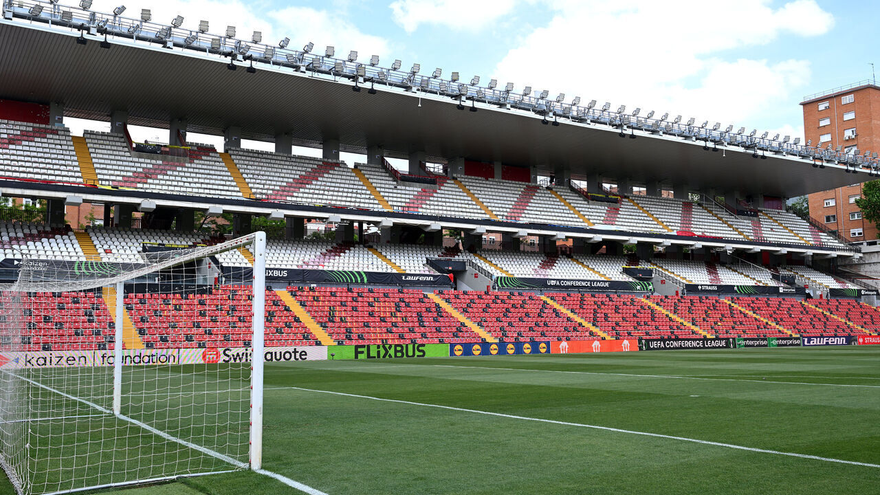 MADRID, SPAIN - APRIL 30: General view inside the stadium prior to the UEFA Europa Conference League match between Rayo Vallecano de Madrid and Racing Club de Strasbourg Alsace at Estadio Vallecas on April 30, 2026 in Madrid, Spain.