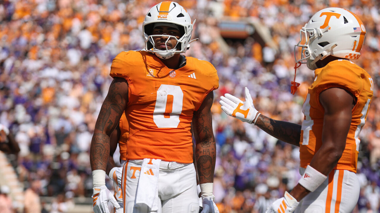 KNOXVILLE, TENNESSEE - SEPTEMBER 5: Ethan Davis #0 of the Tennessee Volunteers reacts after scoring a touchdown in the 1st Half against the Furman Paladins at Neyland Stadium on September 5, 2026 in Knoxville, Tennessee.