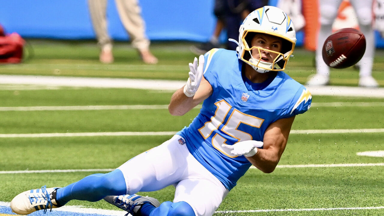 Inglewood, CA - September 13: Wide receiver Ladd McConkey #15 of the Los Angeles Chargers catches a pass for a first down against the Arizona Cardinals in the first half of a NFL football game at SoFi Stadium in Inglewood on Sunday, September 13, 2026.