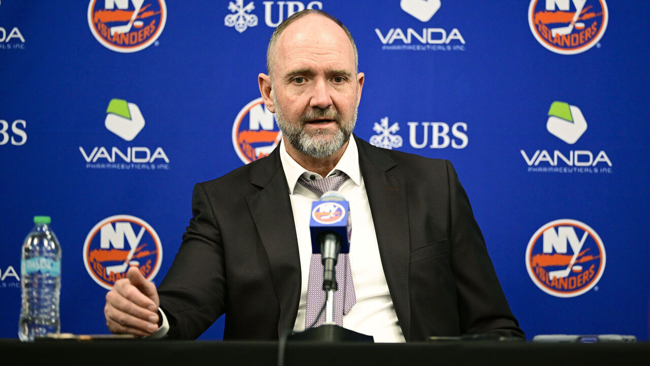 ELMONT, NEW YORK - APRIL 09: Head coach Peter DeBoer of the New York Islanders speaks to the media following the game against the Toronto Maple Leafs at UBS Arena on April 09, 2026 in Elmont, New York.