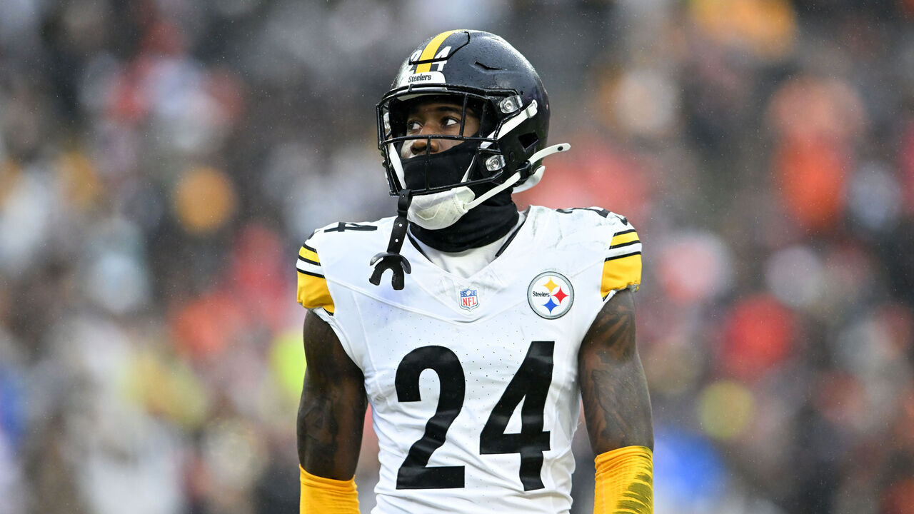 CLEVELAND, OHIO - DECEMBER 28: Joey Porter Jr. #24 of the Pittsburgh Steelers looks on during the first quarter against the Cleveland Browns at Huntington Bank Field on December 28, 2025 in Cleveland, Ohio.