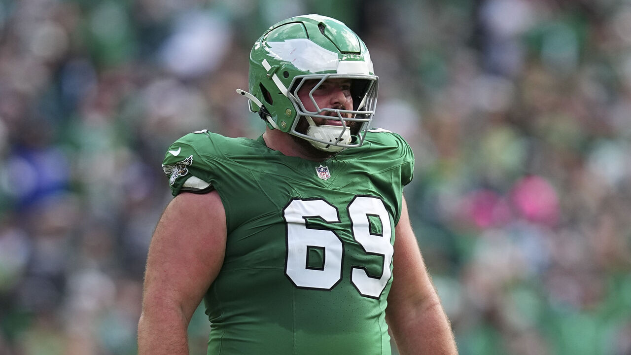 PHILADELPHIA, PENNSYLVANIA - OCTOBER 26: Landon Dickerson #69 of the Philadelphia Eagles looks on against the New York Giants at Lincoln Financial Field on October 26, 2025 in Philadelphia, United States.