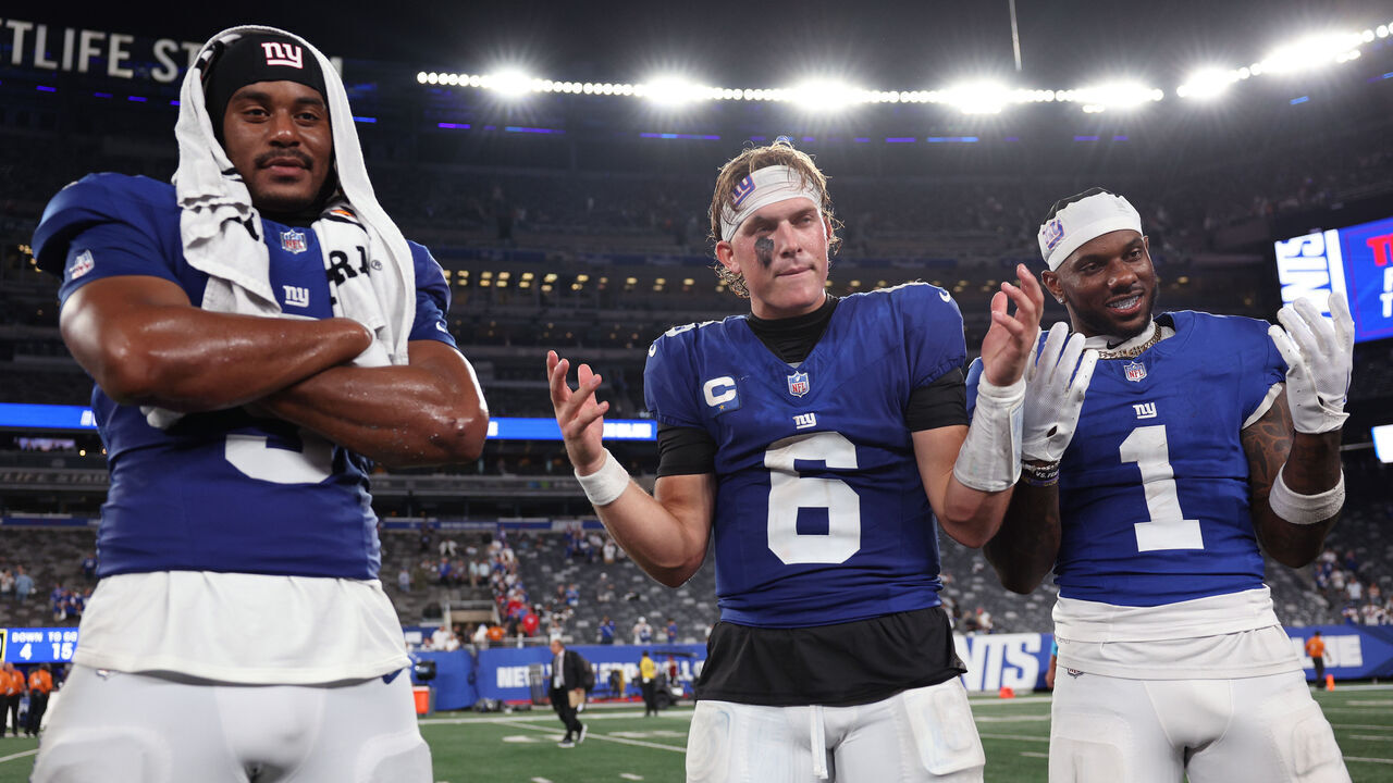 EAST RUTHERFORD, NEW JERSEY - SEPTEMBER 13: Isaiah Likely #9, Jaxson Dart #6 and Malik Nabers #1 of the New York Giants pose for a photo after the game against the Dallas Cowboys at MetLife Stadium on September 13, 2026 in East Rutherford, New Jersey.