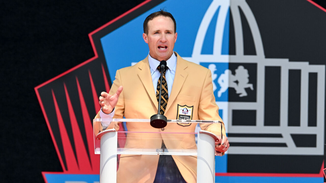 CANTON, OHIO - AUGUST 08: Drew Brees speaks during the 2026 Pro Football Hall of Fame Enshrinement Ceremony at Tom Benson Hall Of Fame Stadium on August 08, 2026 in Canton, Ohio.