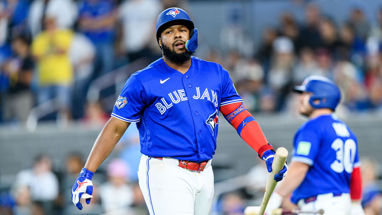 TORONTO, ON - SEPTEMBER 14: Toronto Blue Jays Infielder Vladimir Guerrero Jr. (27) reacts after striking out during the ninth inning of the MLB regular season game between the Detroit Tigers and the Toronto Blue Jays on September 14, 2026, at Rogers Centre in Toronto, ON, Canada.