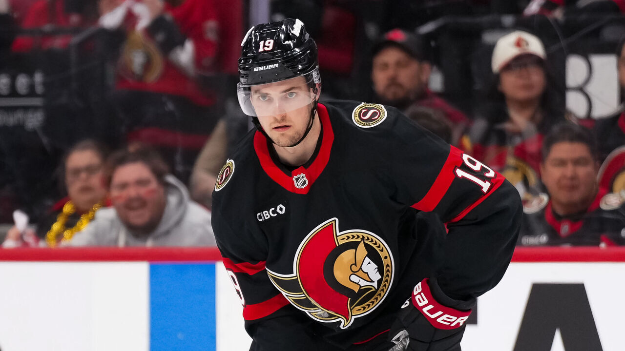 OTTAWA, CANADA - APRIL 25: Drake Batherson #19 of the Ottawa Senators controls the puck against the Carolina Hurricanes in Game Four of the First Round of the 2026 Stanley Cup Playoffs at Canadian Tire Centre on April 25, 2026 in Ottawa, Canada.