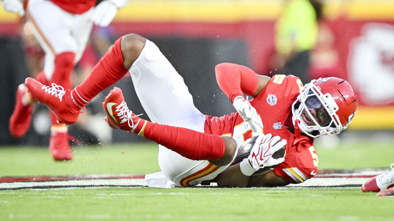 KANSAS CITY , MO - SEPTEMBER 14: Mansoor Delane (5) of the Kansas City Chiefs intercepts the first pass of the game by Bo Nix (10) of the Denver Broncos during the first quarter at Arrowhead Stadium in Kansas City, Missouri on Monday, September 14, 2026.