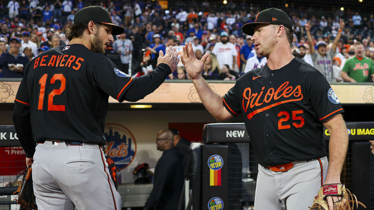 NEW YORK, NY - SEPTEMBER 14: Dylan Beavers #12 of the Baltimore Orioles high-fives Dylan Beavers #12 prior to the game between the Baltimore Orioles and the New York Mets at Citi Field on Monday, September 14, 2026 in New York, New York.