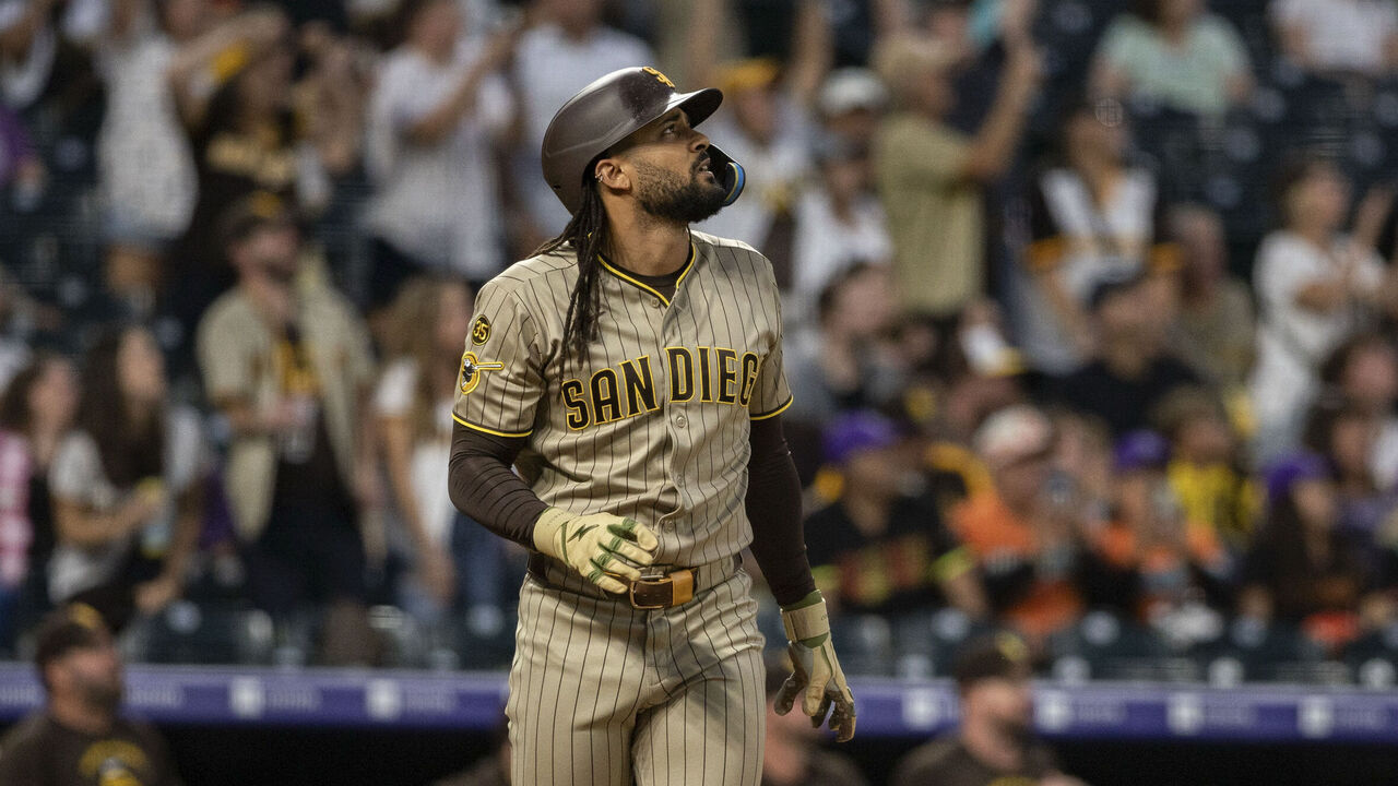 DENVER, CO - SEPTEMBER 14: Fernando Tatis Jr. #23 of the San Diego Padres bats during the game between the San Diego Padres and the Colorado Rockies at Coors Field on Monday, September 14, 2026 in Denver, Colorado.