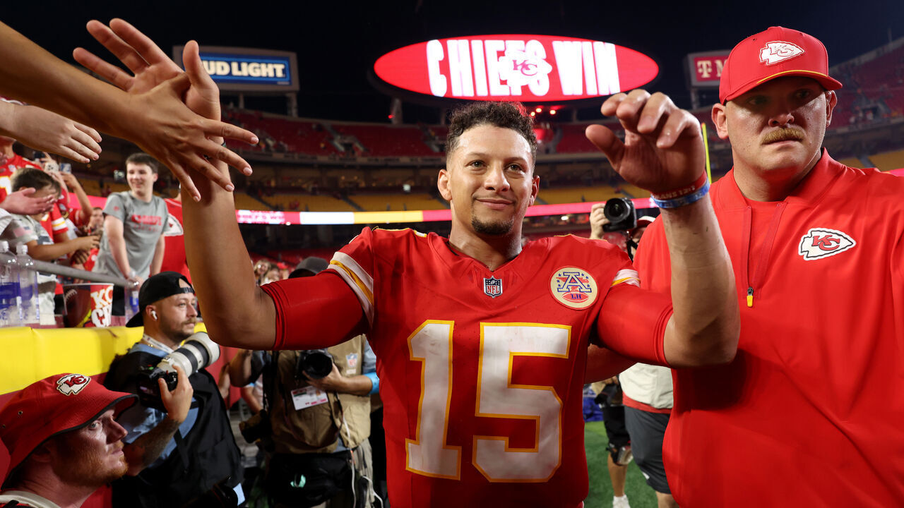KANSAS CITY, MISSOURI - SEPTEMBER 14: Patrick Mahomes #15 of the Kansas City Chiefs celebrates after defeating the Denver Broncos in the game at Arrowhead Stadium on September 14, 2026 in Kansas City, Missouri.