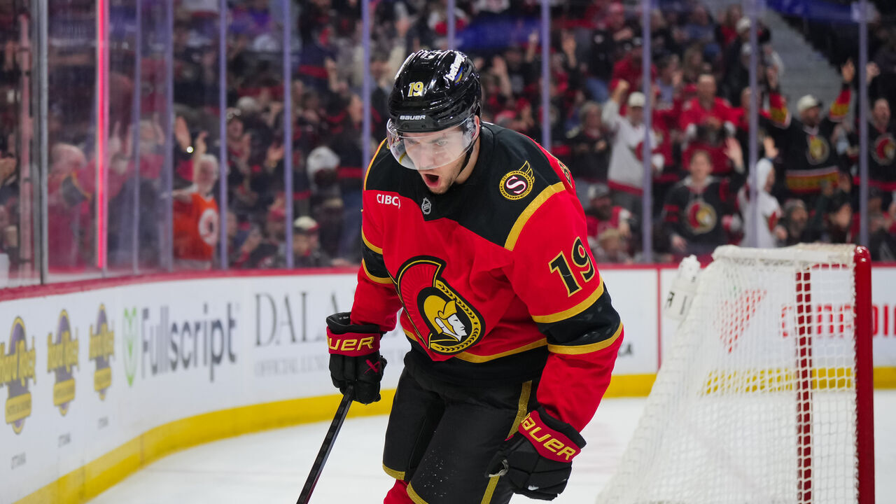 OTTAWA, CANADA - APRIL 9: Drake Batherson #19 of the Ottawa Senators celebrates his first-period-goal against the Florida Panthers on April 9, 2026 at Canadian Tire Centre in Ottawa, Ontario, Canada.