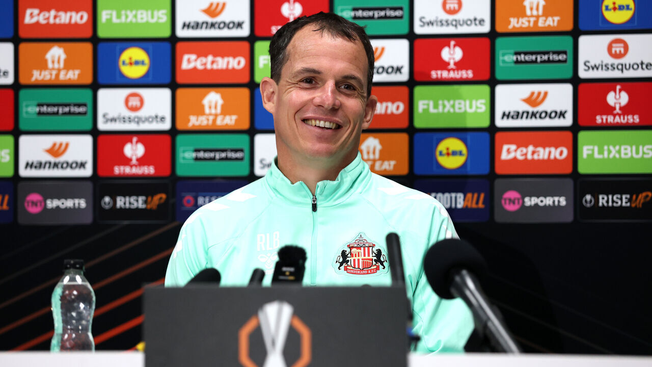SUNDERLAND, ENGLAND - SEPTEMBER 15: Regis Le Bris, Manager of Sunderland, talks during a press conference ahead of the UEFA Europa League 2026/27 League Phase MD1 at Academy of Light on September 15, 2026 in Sunderland, England.