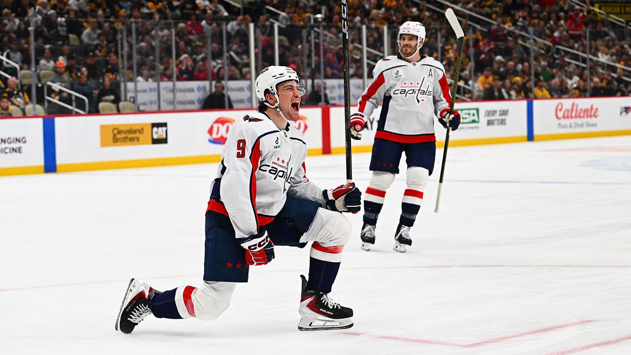 PITTSBURGH, PENNSYLVANIA - APRIL 11: Ryan Leonard #9 of the Washington Capitals celebrates after scoring a goal in the second period during the game against the Pittsburgh Penguins at PPG PAINTS Arena on April 11, 2026 in Pittsburgh, Pennsylvania.