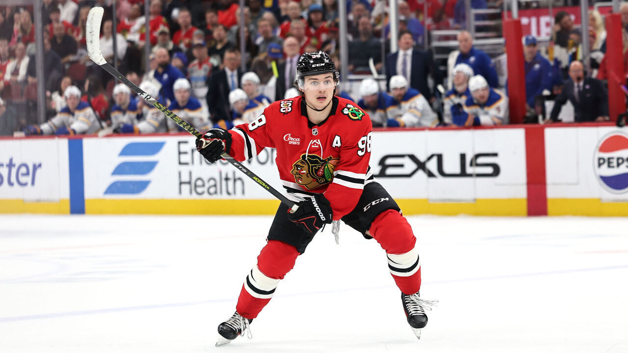 CHICAGO, ILLINOIS - APRIL 13: Connor Bedard #98 of the Chicago Blackhawks skates during a game against the Buffalo Sabres at the United Center on April 13, 2026 in Chicago, Illinois.