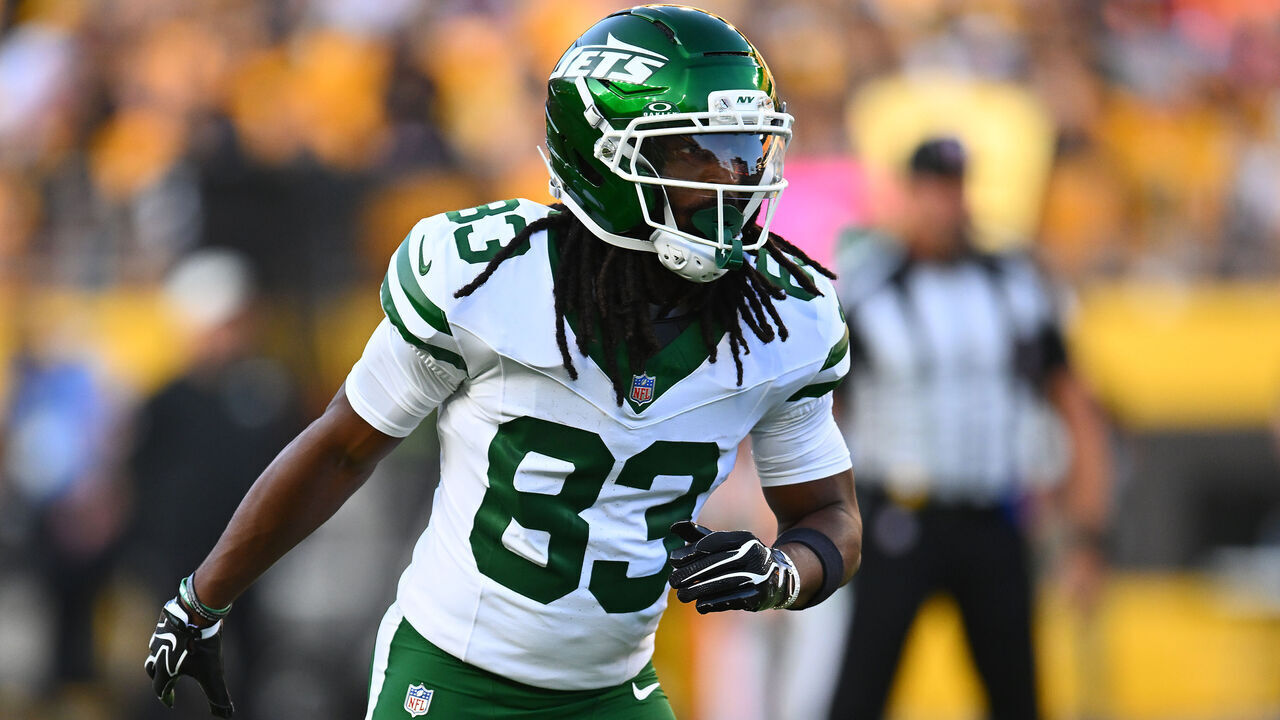 PITTSBURGH, PENNSYLVANIA - AUGUST 21: Omar Cooper Jr. #83 of the New York Jets in action during the game against the Pittsburgh Steelers at Acrisure Stadium on August 21, 2026 in Pittsburgh, Pennsylvania.