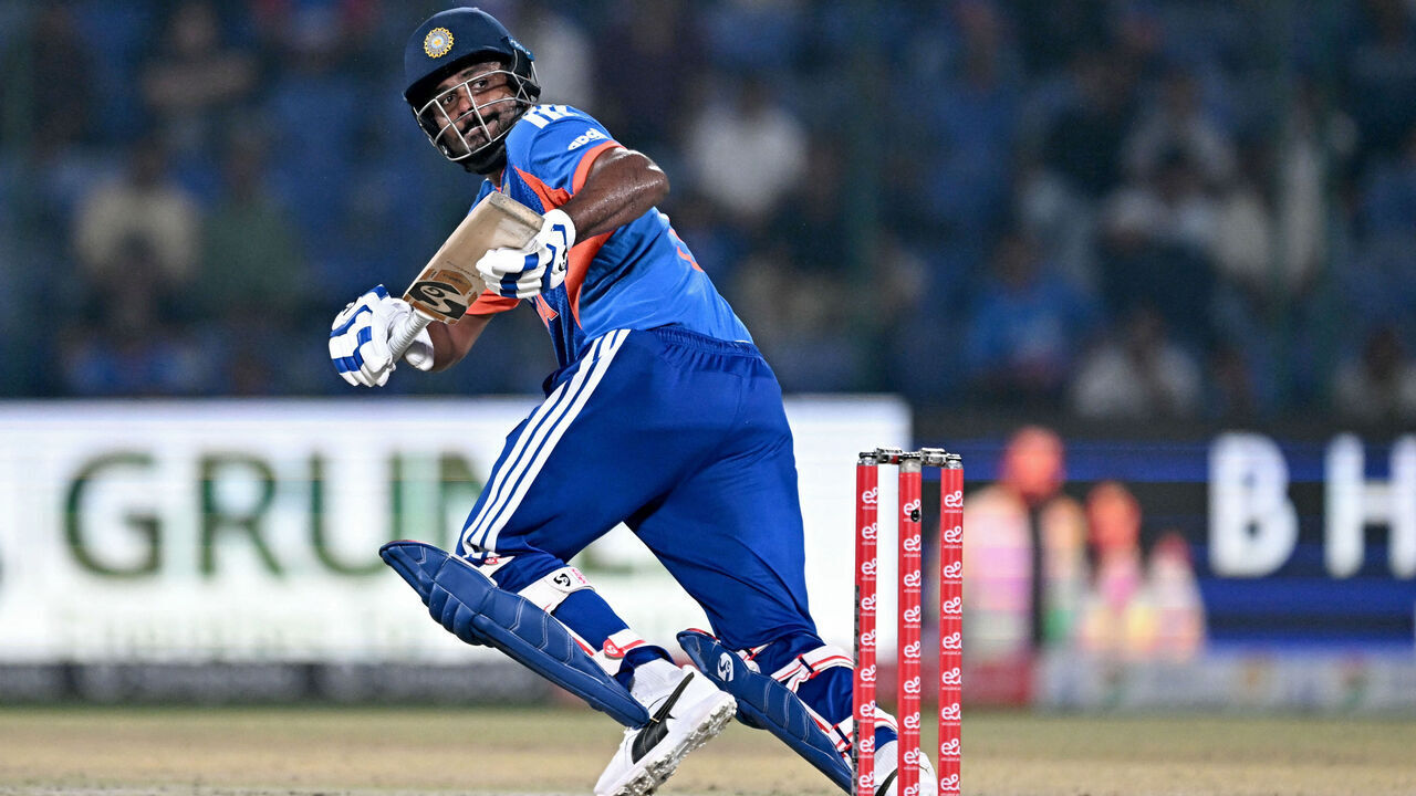 India's Sanju Samson runs between the wickets during the second T20 international cricket match between India and Afghanistan at the Arun Jaitley Stadium in New Delhi on September 15, 2026. / -- IMAGE RESTRICTED TO EDITORIAL USE - STRICTLY NO COMMERCIAL USE --