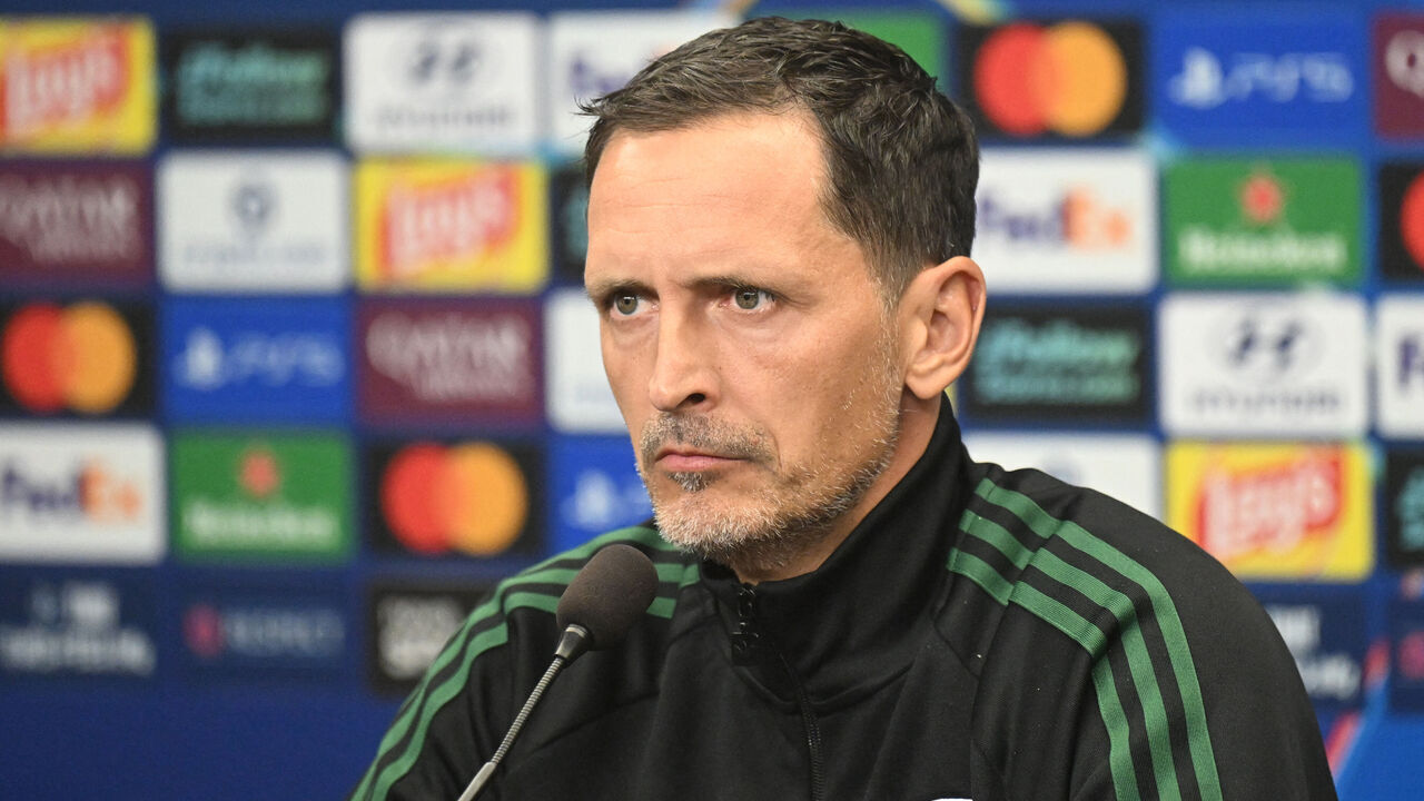 Lens' German headcoach Dino Toppmoeller addresses a press conference in Prague on September 9, 2026, on the eve of the UEFA Champions League match between RC Lens and Salvia Prague.