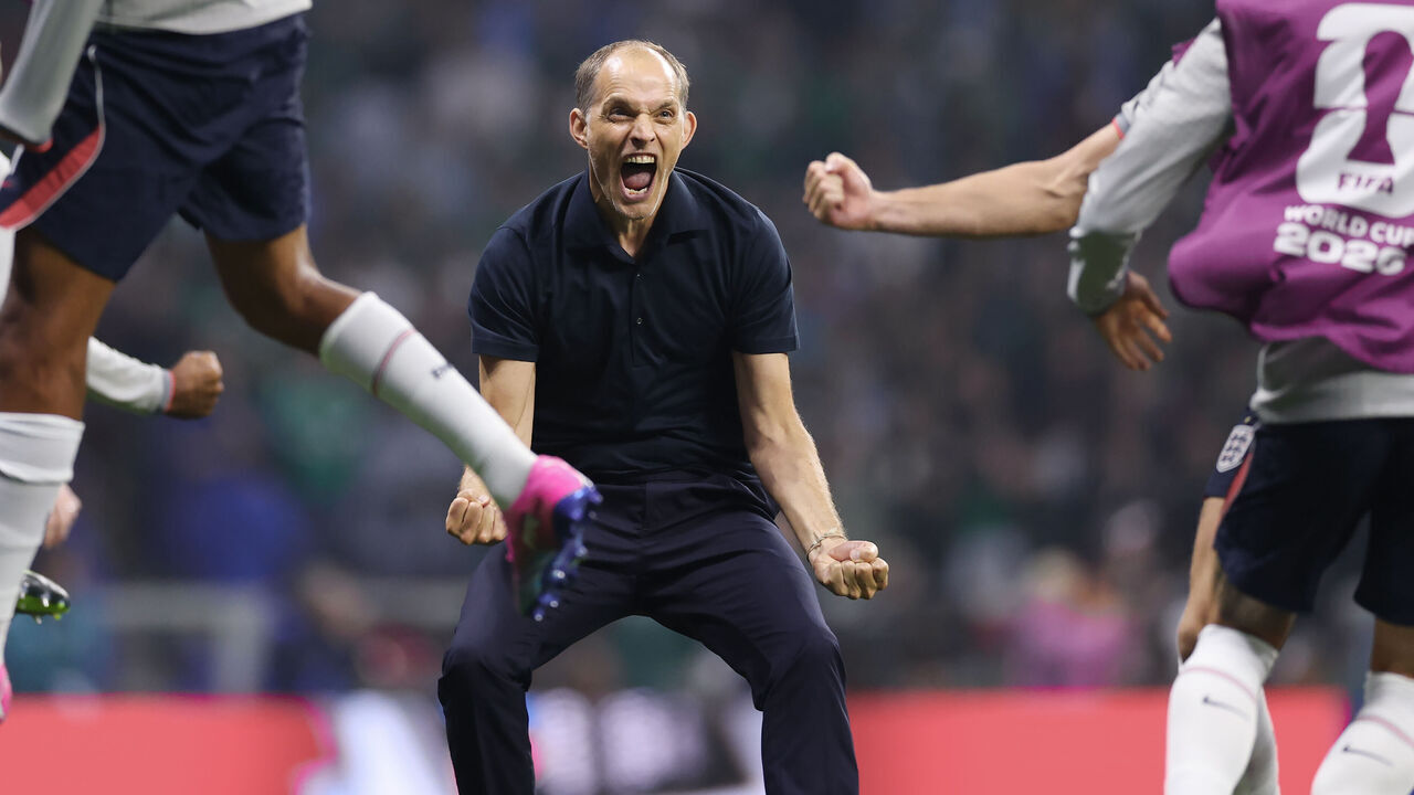 MEXICO CITY, MEXICO - JULY 05: Thomas Tuchel, Manager of England, celebrates the second England goal during the FIFA World Cup 2026 Round Of 16 match between Mexico and England at Mexico City Stadium on July 05, 2026 in Mexico City, Mexico.