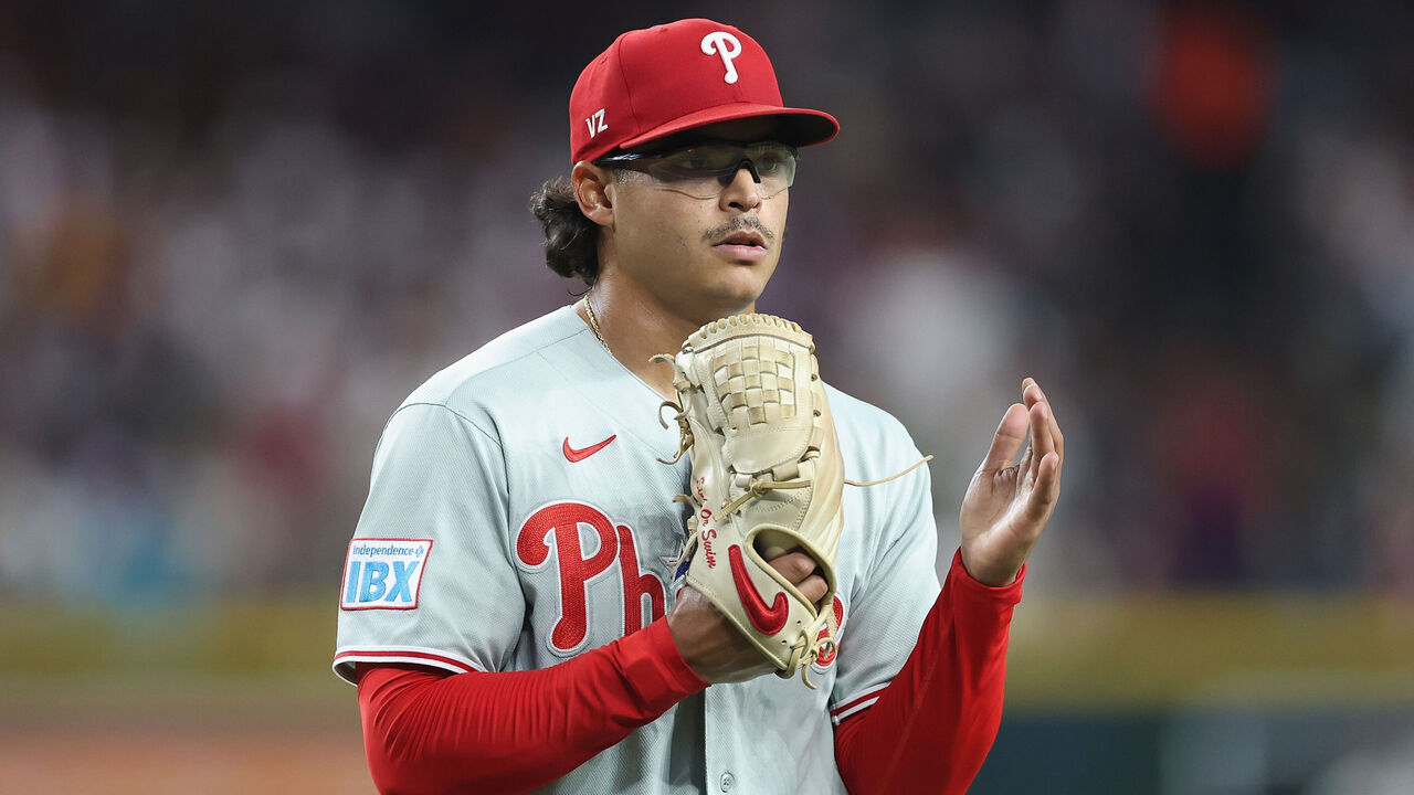 PHOENIX, ARIZONA - SEPTEMBER 01: Starting pitcher Jesús Luzardo #44 of the Philadelphia Phillies reacts during the MLB game at Chase Field on September 01, 2026 in Phoenix, Arizona.