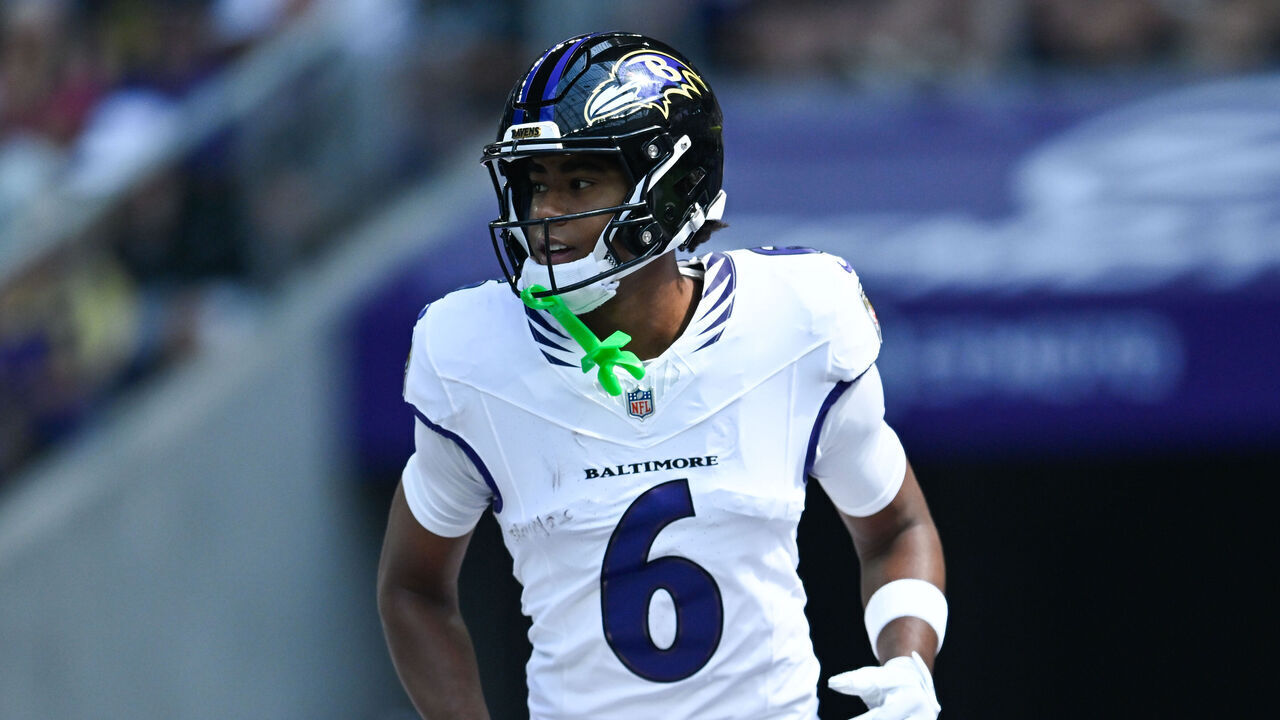MINNEAPOLIS, MINNESOTA - AUGUST 22: Ja'kobi Lane #6 of the Baltimore Ravens lines up against the Minnesota Vikings during the first quarter of the preseason game at U.S. Bank Stadium on August 22, 2026 in Minneapolis, Minnesota.
