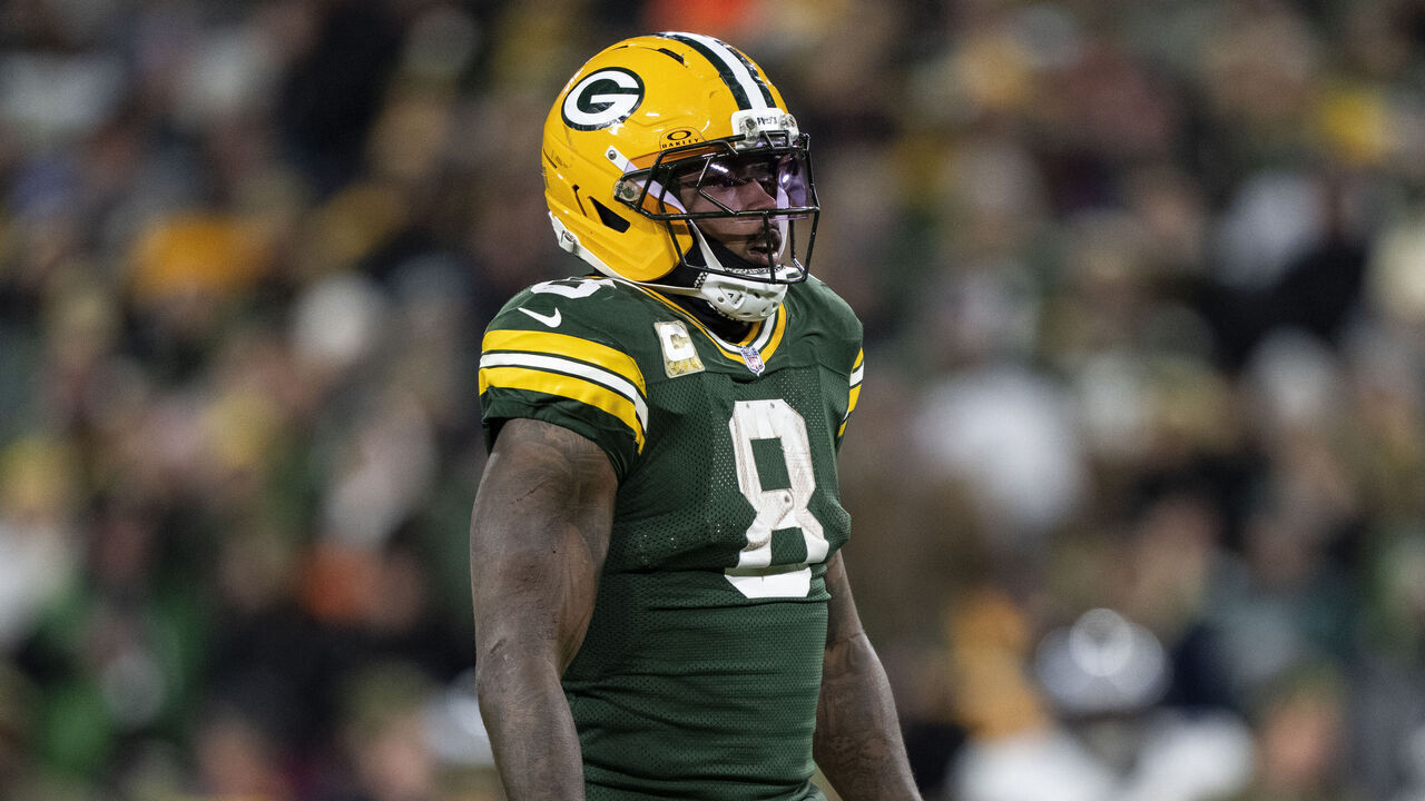 GREEN BAY, WISCONSIN - NOVEMBER 10: Josh Jacobs #8 of the Green Bay Packers looks on during an NFL football game against the Philadelphia Eagles at Lambeau Field on November 10, 2025 in Green Bay, Wisconsin.