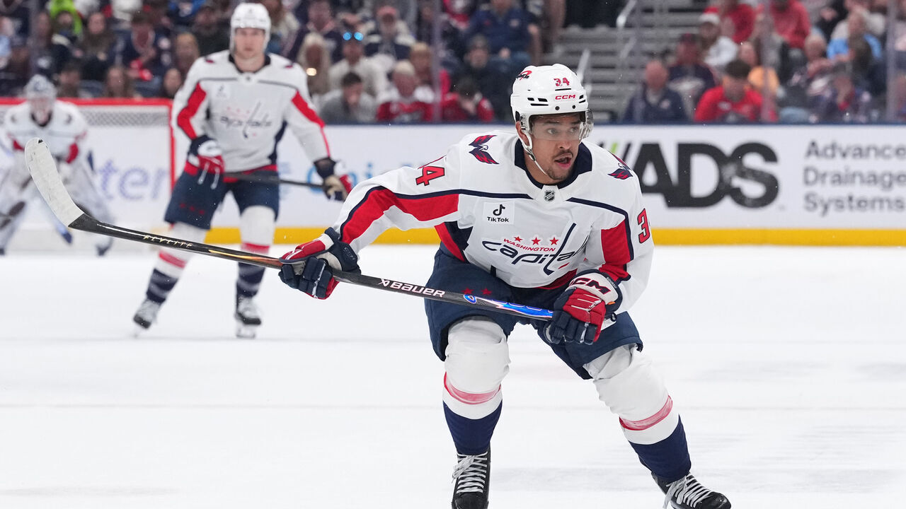 COLUMBUS, OHIO - APRIL 14: Justin Sourdif #34 of the Washington Capitals seen in action during the game against the Columbus Blue Jackets at Nationwide Arena on April 14, 2026 in Columbus, Ohio.