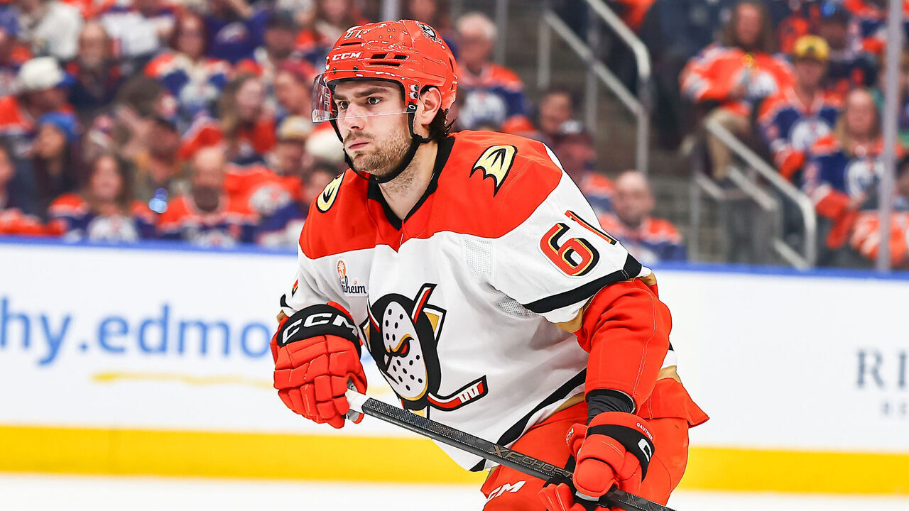 EDMONTON, AB - APRIL 28: Anaheim Ducks Left Wing Cutter Gauthier (61) in game action in second period of game five between the Edmonton Oilers and Anaheim Ducks during the Stanley Cup Playoffs First Round on April 28, 2026, at Rogers Place in Edmonton, AB.