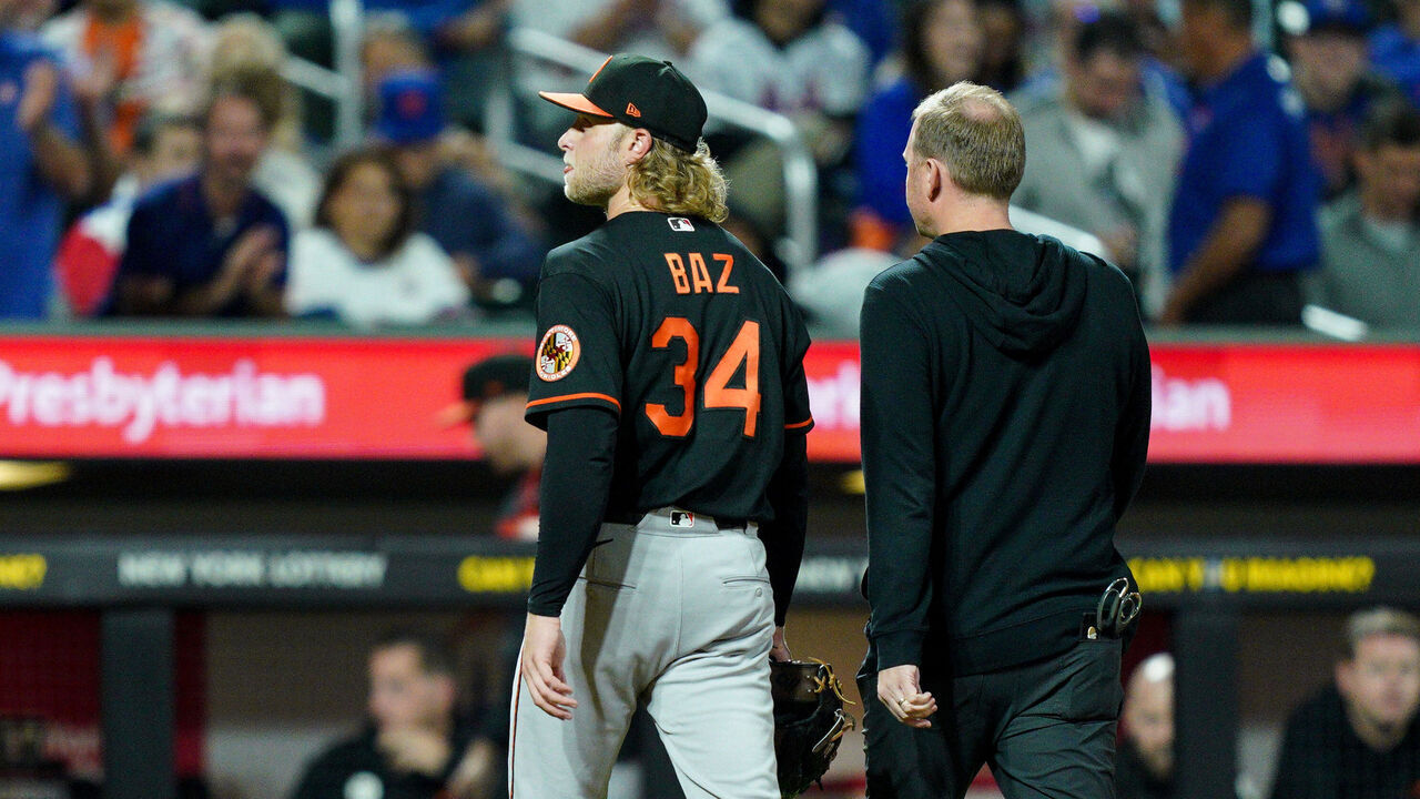 NEW YORK, NEW YORK - SEPTEMBER 15: Shane Baz #34 of the Baltimore Orioles exits the game with an apparent injury in the fifth inning during the game against the New York Mets at Citi Field on September 15, 2026 in New York City.
