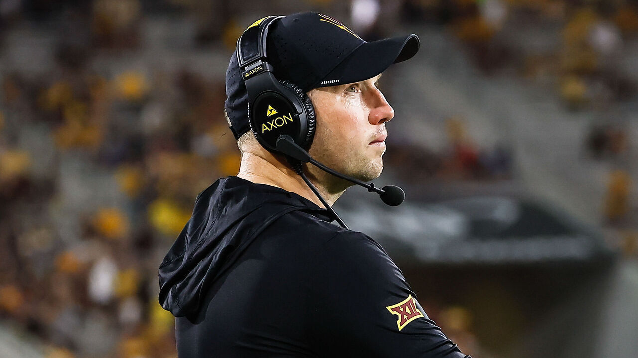 TEMPE, AZ - SEPTEMBER 05: Arizona State Sun Devils head coach Kenny Dillingham looks on during the college football game between the Morgan State Bears and the Arizona State Sun Devils on September 5, 2026 at Mountain America Stadium in Tempe, Arizona.