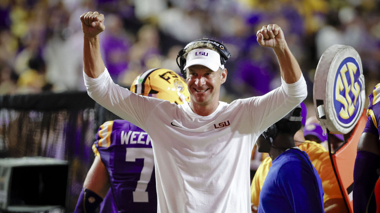 BATON ROUGE, LA - SEPTEMBER 12: Lane Kiffin head coach of the LSU Tigers celebrates on the sideline following a turnover during the second half of a game against the Louisiana Tech Bulldogs on September 12, 2026, at Tiger Stadium in Baton Rouge, Louisiana.