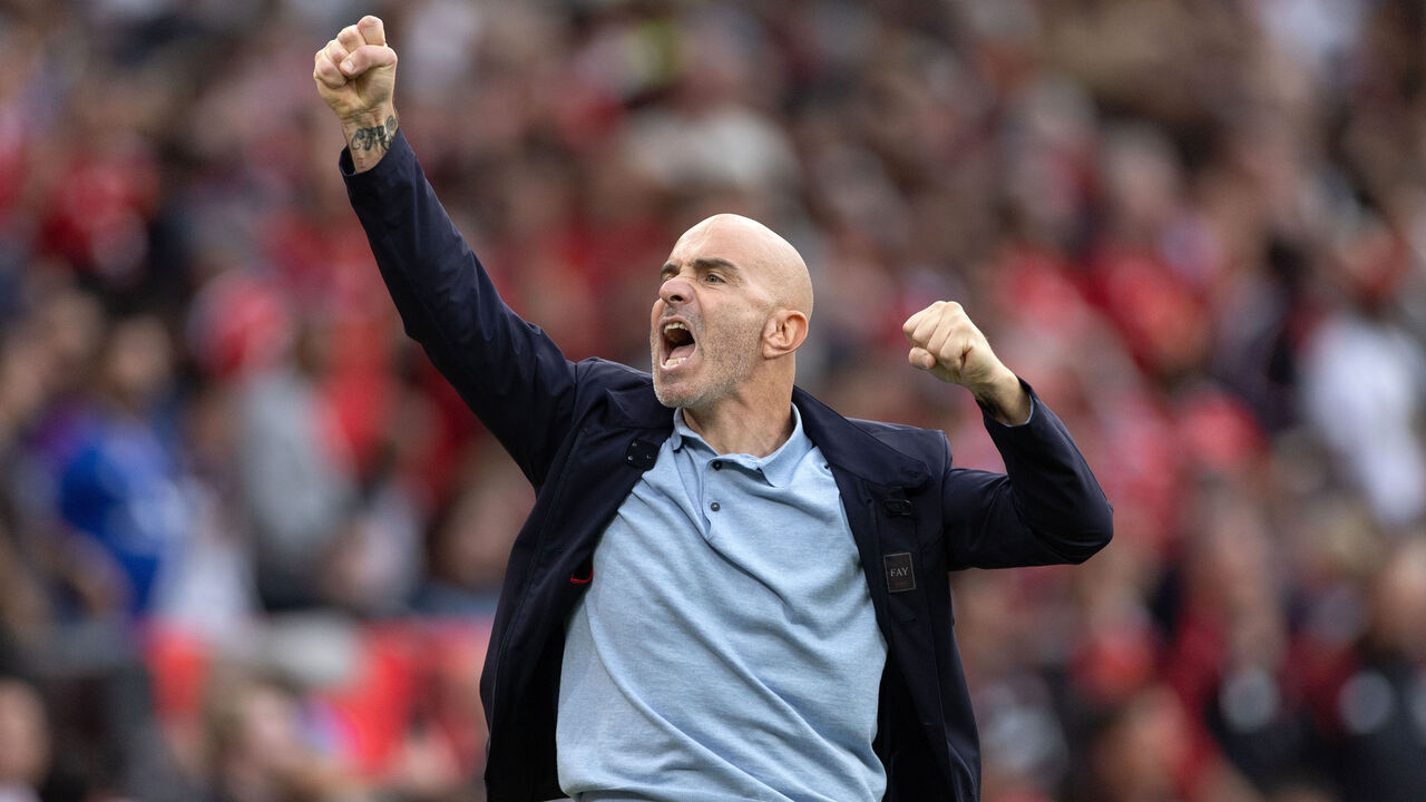 MANCHESTER, ENGLAND - SEPTEMBER 13: Enzo Maresca, Manager of Manchester City, celebrates to fans after victory in the Premier League 2026/27 match between Manchester United and Manchester City at Old Trafford on September 13, 2026 in Manchester, England.