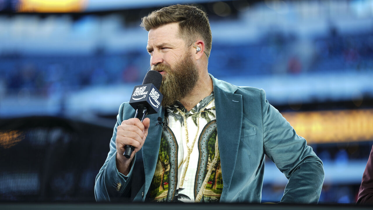 PHILADELPHIA, PA - NOVEMBER 28: Ryan Fitzpatrick looks on from set of the NFL on Prime pregame show prior to an NFL football game between the Chicago Bears and the Philadelphia Eagles at Lincoln Financial Field on November 28, 2025 in Philadelphia, Pennsylvania.
