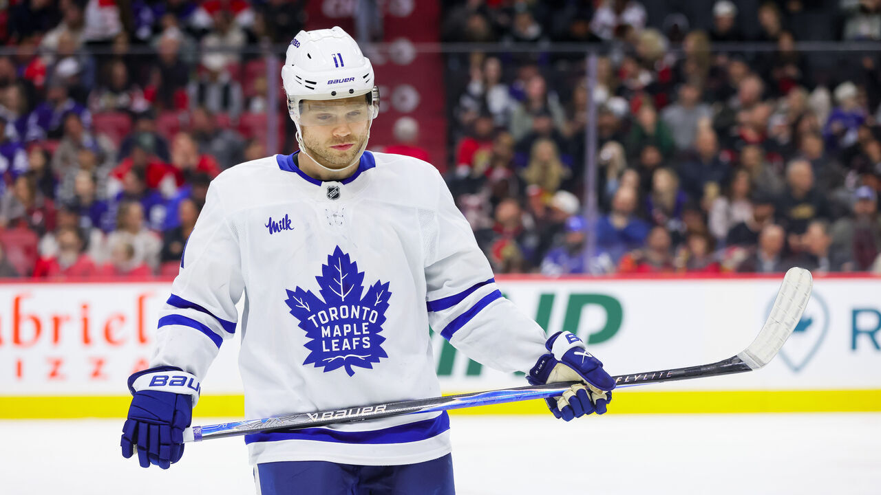 OTTAWA, ON - APRIL 15: Max Domi #11 of the Toronto Maple Leafs takes a break during a stoppage in play against the Ottawa Senators on April 15, 2026, at Canadian Tire Centre in Ottawa, ON, Canada.