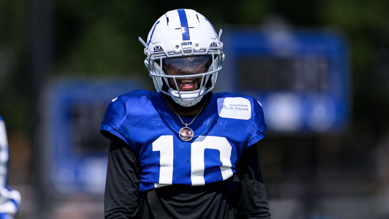 WESTFIELD, IN - AUGUST 20: Indianapolis Colts wide receiver Keenan Allen (10) runs through a drill during the Indianapolis Colts and Atlanta Falcons joint training camp practice on August 20, 2026 at the Grand Park Sports Campus in Westfield, IN.