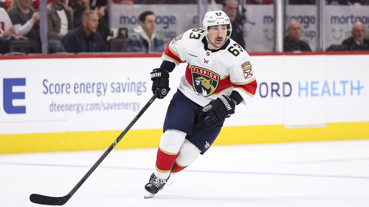 DETROIT, MICHIGAN - MARCH 06: Brad Marchand #63 of the Florida Panthers skates the ice during the third period of a game against the Detroit Red Wings at Little Caesars Arena on March 06, 2026 in Detroit, Michigan.