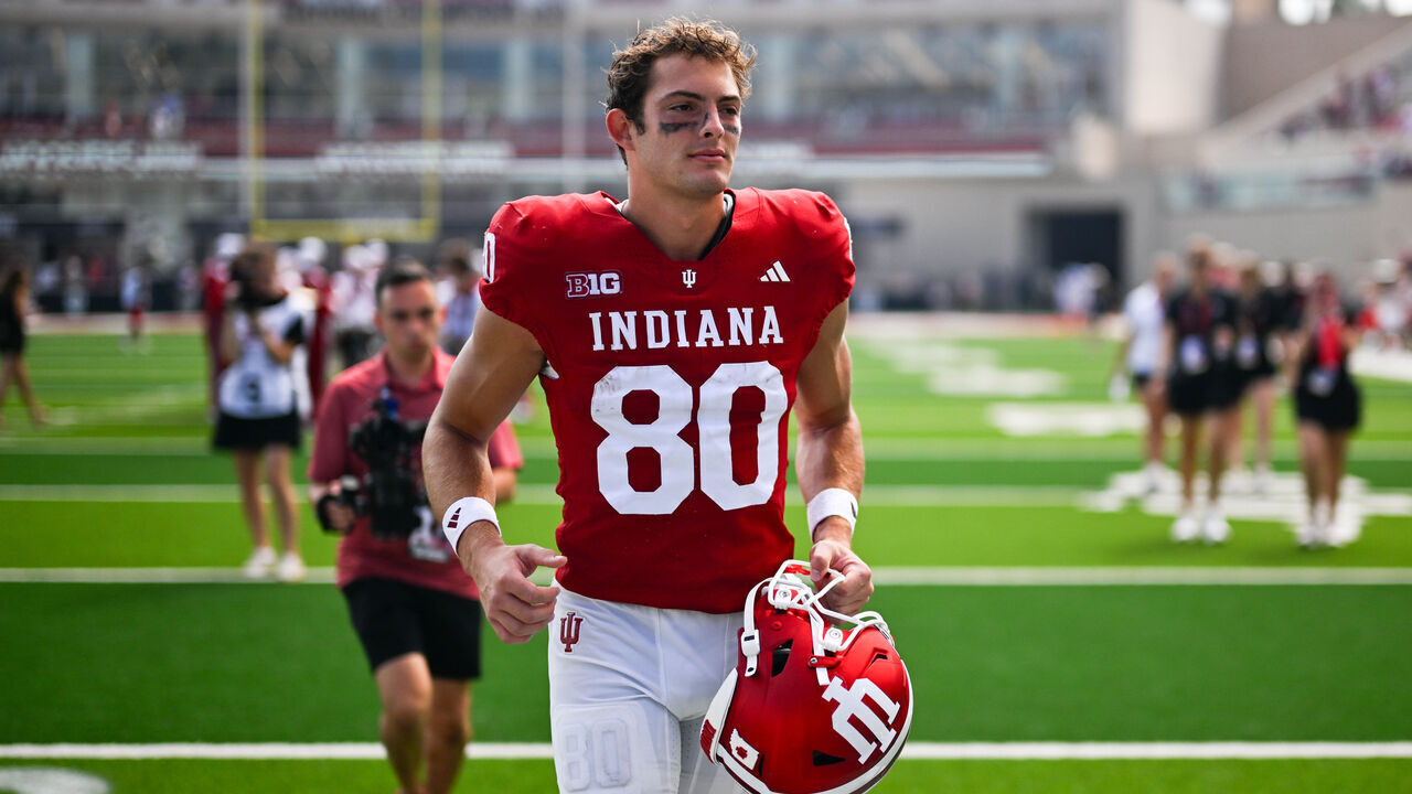 BLOOMINGTON, IN - SEPTEMBER 12: Indiana Hoosiers WR Charlie Becker (80) runs off the field following a college football game between the Howard Bison and Indiana Hoosiers on September 12, 2026 at Memorial Stadium in Bloomington, IN.