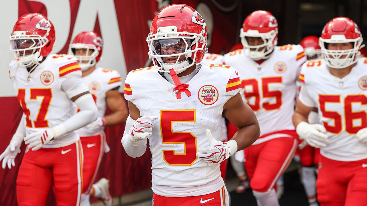 TAMPA, FLORIDA - AUGUST 22: Mansoor Delane #5 of the Kansas City Chiefs takes the field for a preseason game against the Tampa Bay Buccaneers at Raymond James Stadium on August 22, 2026 in Tampa, Florida.