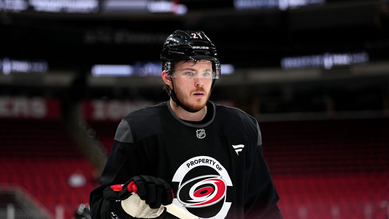RALEIGH, NORTH CAROLINA - JUNE 01: Alexander Nikishin #21 of the Carolina Hurricanes seen during practice on Media Day ahead of the 2026 Stanley Cup Final at Lenovo Center on June 01, 2026 in Raleigh, North Carolina.
