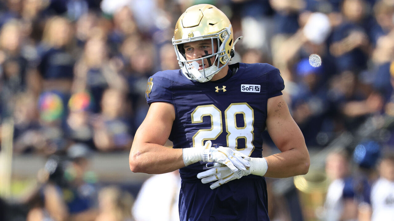 SOUTH BEND, INDIANA - SEPTEMBER 12: Luke Talich #28 of the Notre Dame Fighting Irish lines up against the Rice Owls at Notre Dame Stadium on September 12, 2026 in South Bend, Indiana.