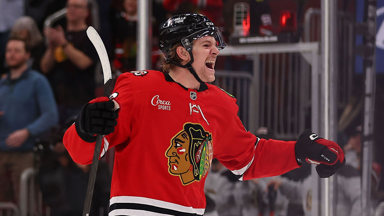 CHICAGO, IL - APRIL 15:Ethan Del Mastro #38 of the Chicago Blackhawks celebrates during the third period against the San Jose Sharks on April 15, 2026 at the United Center in Chicago, Illinois.