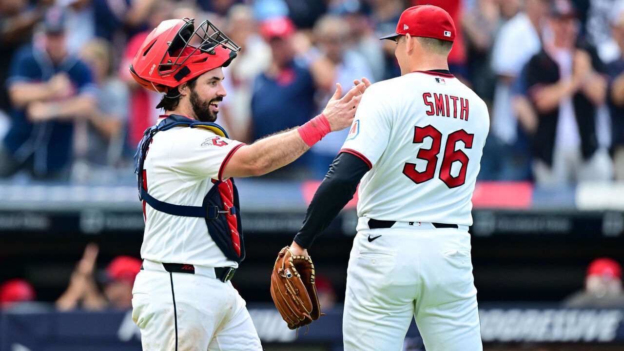CLEVELAND, OHIO - SEPTEMBER 16: Austin Hedges #27 and Cade Smith #36 of the Cleveland Guardians celebrate the team's 6-3 win over the Chicago White Sox at Progressive Field on September 16, 2026 in Cleveland, Ohio.