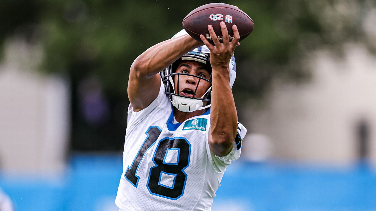 CHARLOTTE, NORTH CAROLINA - JULY 23: Jalen Coker #18 of the Carolina Panthers catches a pass during the Carolina Panthers Training Camp at Carolina Panthers Practice Fields on July 23, 2026 in Charlotte, North Carolina.