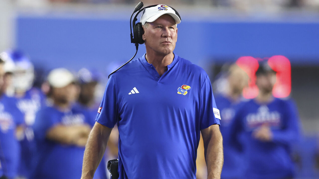 LAWRENCE, KS - SEPTEMBER 04: Lance Leipold of the Kansas Jayhawks on the sidelines during a college football game between the Long Island Sharks and Kansas Jayhawks on Sep 4, 2026 at David Booth Memorial Stadium in Lawrence, KS.