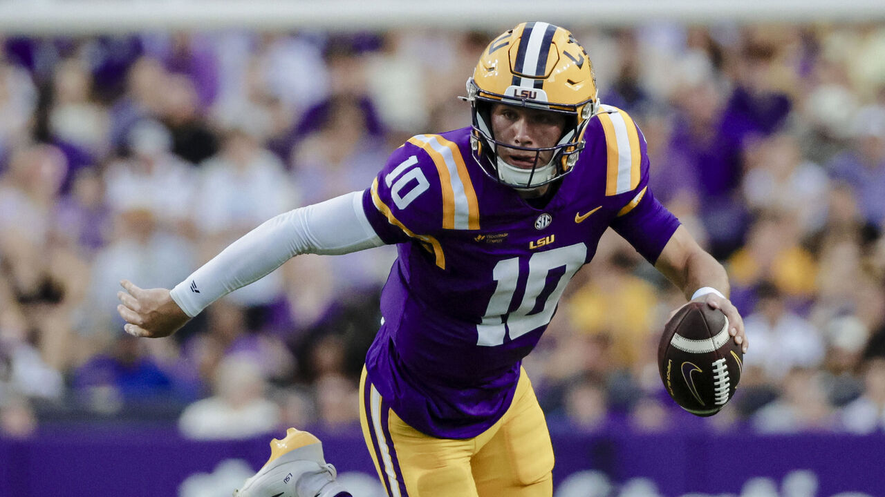 BATON ROUGE, LA - SEPTEMBER 12: Sam Leavitt #10 of the LSU Tigers runs against the Louisiana Tech Bulldogs during the first half on September 12, 2026, at Tiger Stadium in Baton Rouge, Louisiana.