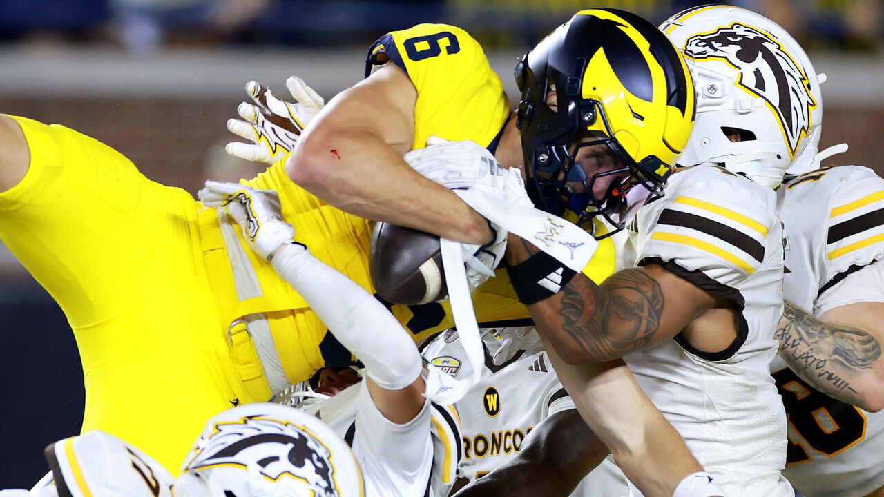 ANN ARBOR, MICHIGAN - SEPTEMBER 05: JJ Buchanan #6 of the Michigan Wolverines catches a game winning pass with no time left on the clock to beat the Western Michigan Broncos 13-12 at Michigan Stadium on September 05, 2026 in Ann Arbor, Michigan.